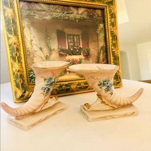 Vintage Freeman Hand Painted Cornucopia Vase Pair